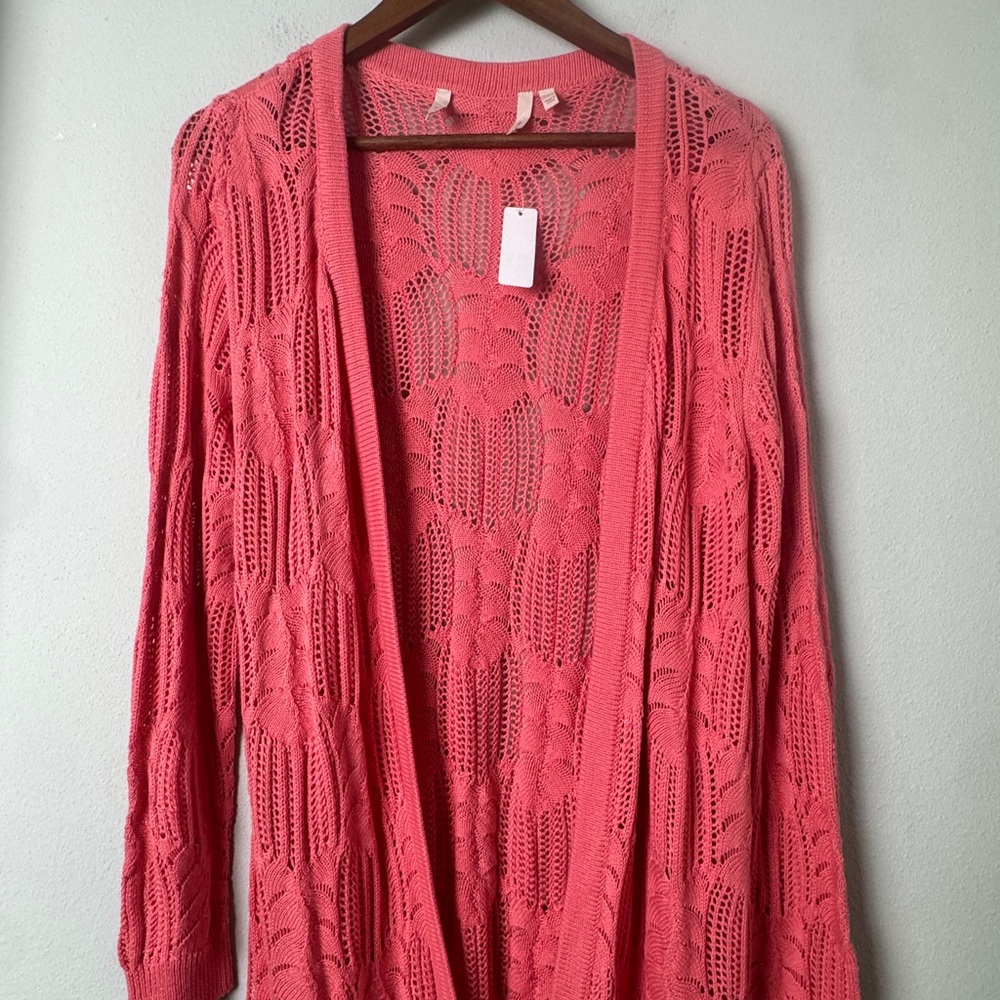 New Soft Surroundings Coral Crochet Long Open Cardigan Duster Size M Boho Mesh - Picture 2 of 8